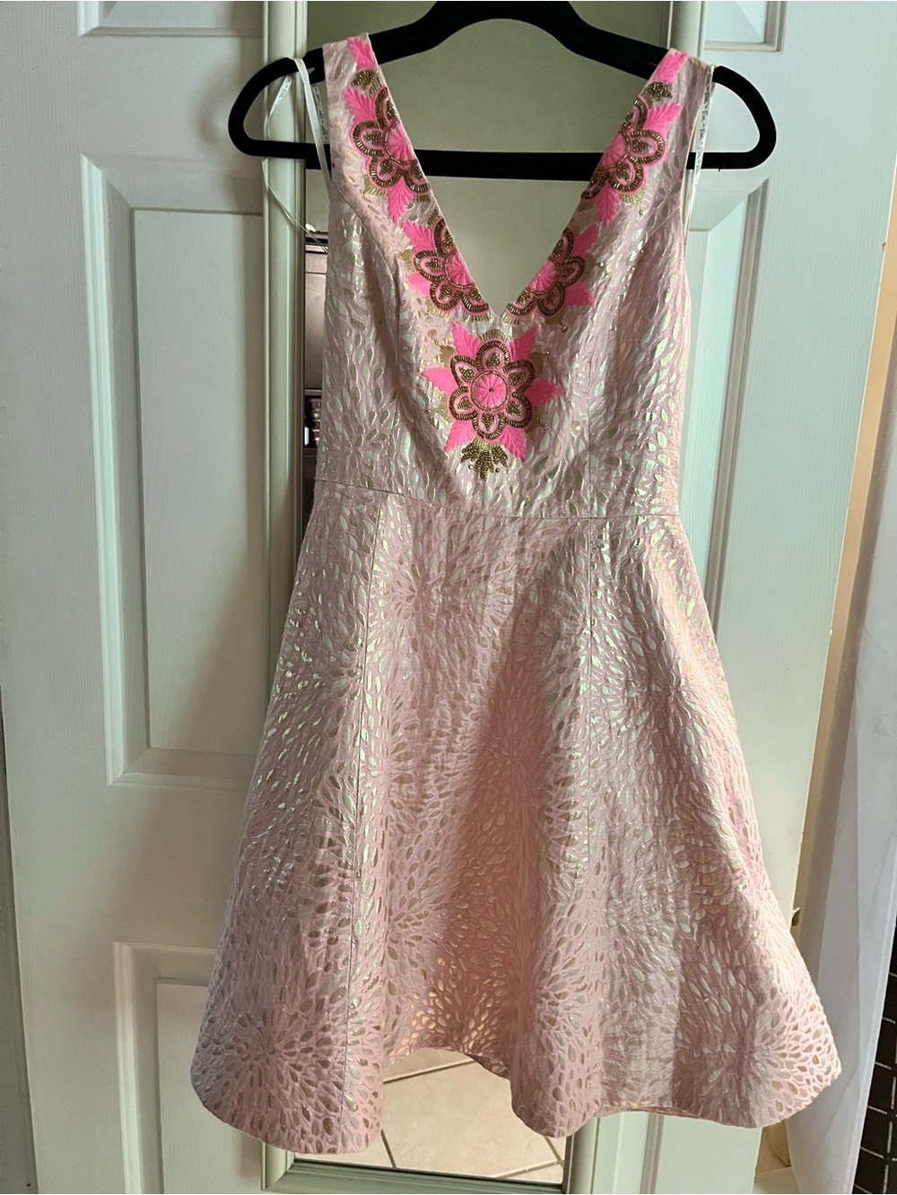 Lilly Pulitzer Pink Embroidered w/sequins V-Neck Fit-and-Flare Dress